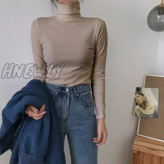 Hnewly Spring Autumn Long Sleeve Top Slim Knitted Bottoming Shirt Korean Fashion Black Turtleneck