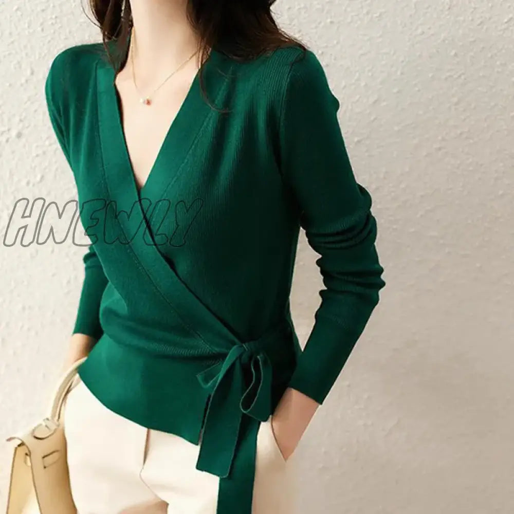 Hnewly Spring Autumn Long-Sleeved Knitted Cardigan Fashion V-Neck Wrap Top Temperament Lace-Up