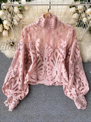 Hnewly Spring Autumn New Fashion Blouse Female Hollow Lantern Sleeve Temperament Blusa Stand-Up