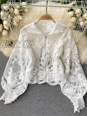 Hnewly Spring Autumn New Fashion Blouse Female Hollow Lantern Sleeve Temperament Blusa Stand-Up