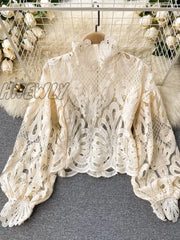 Hnewly Spring Autumn New Fashion Blouse Female Hollow Lantern Sleeve Temperament Blusa Stand-Up