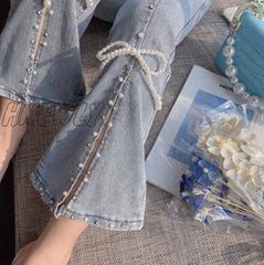 Hnewly Spring Autumn Sweet High Waist Split Denim Pants Women Elegant Chic Beading Bowknot Boot Cut