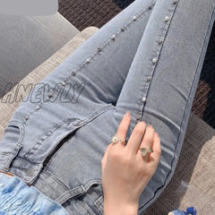 Hnewly Spring Autumn Sweet High Waist Split Denim Pants Women Elegant Chic Beading Bowknot Boot Cut