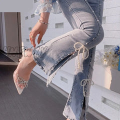 Hnewly Spring Autumn Sweet High Waist Split Denim Pants Women Elegant Chic Beading Bowknot Boot Cut