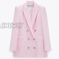 Hnewly Spring Autumn Women Fashion Vintage White Pink Tweed Blazers And Jackets Chic Button Office