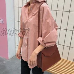 Hnewly Spring Autumn Women Shirts White Plain Loose Oversized Blouses Female Tops Korean Style