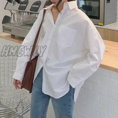 Hnewly Spring Autumn Women Shirts White Plain Loose Oversized Blouses Female Tops Korean Style