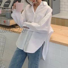 Hnewly Spring Autumn Women Shirts White Plain Loose Oversized Blouses Female Tops Korean Style