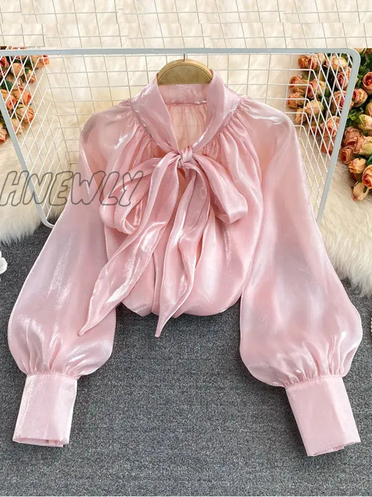 Hnewly Spring Autumn Women’s New Tops Bowknot Lantern Sleeves Loose All-Match Temperament Ladies