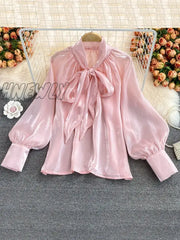 Hnewly Spring Autumn Women’s New Tops Bowknot Lantern Sleeves Loose All-Match Temperament Ladies