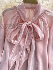 Hnewly Spring Autumn Women’s New Tops Bowknot Lantern Sleeves Loose All-Match Temperament Ladies
