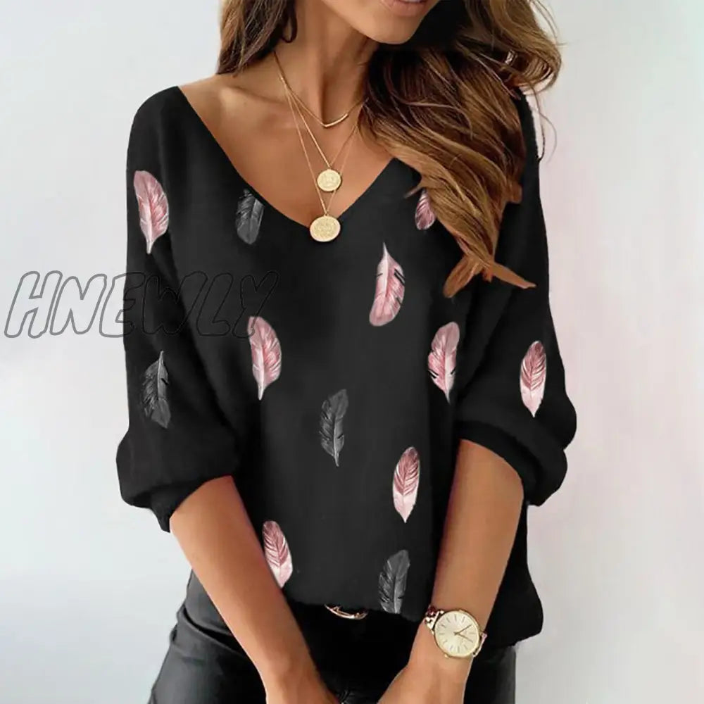 Hnewly Spring Blouses Or Tops For Woman Fashion Feather Print Long-Sleeved V-Neck Top Pullover
