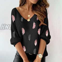 Hnewly Spring Blouses Or Tops For Woman Fashion Feather Print Long-Sleeved V-Neck Top Pullover