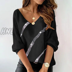 Hnewly Spring Blouses Or Tops For Woman Fashion Feather Print Long-Sleeved V-Neck Top Pullover