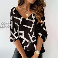 Hnewly Spring Blouses Or Tops For Woman Fashion Feather Print Long-Sleeved V-Neck Top Pullover