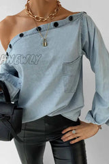 Hnewly - Spring Button-Neck Off-Shoulder Long-Sleeved Denim Shirt S / Light Blue Tops