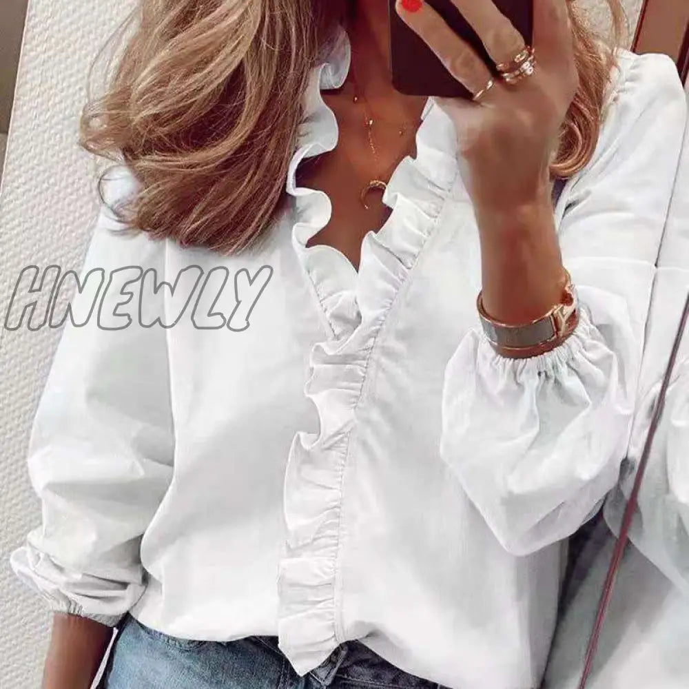 Hnewly Spring Elegant Chiffon Women Blouses Ruffles V Neck Long Sleeve Loose Female Tunic White