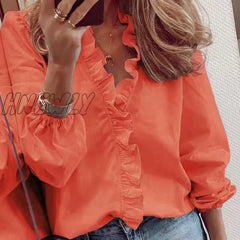 Hnewly Spring Elegant Chiffon Women Blouses Ruffles V Neck Long Sleeve Loose Female Tunic White