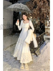 Hnewly Spring Elegant Knitted Dress Women Lace Patchwork Koeran Princess Midi Female Casual Sweet