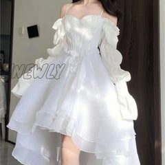 Hnewly Spring Elegant White Off Shoulder Fairy Dress Chic Princess Puff Mesh Wedding Party Porm