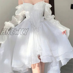 Hnewly Spring Elegant White Off Shoulder Fairy Dress Chic Princess Puff Mesh Wedding Party Porm