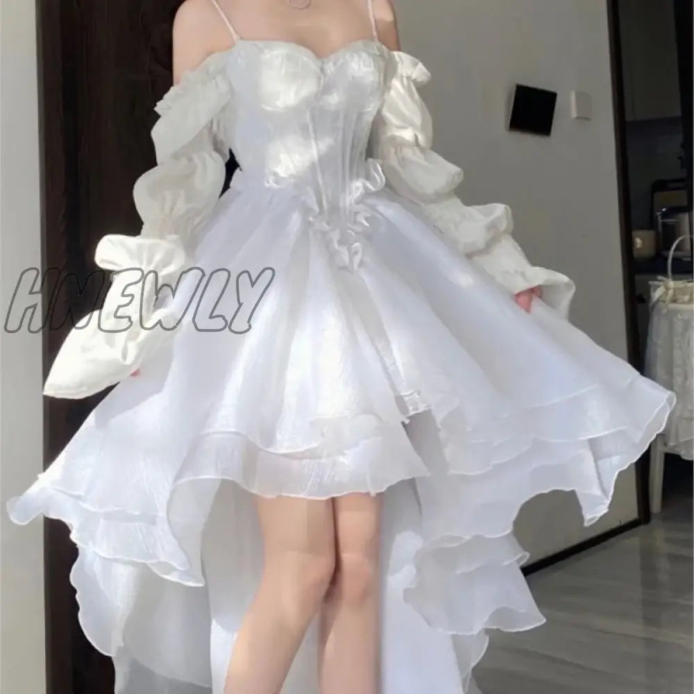 Hnewly Spring Elegant White Off Shoulder Fairy Dress Chic Princess Puff Mesh Wedding Party Porm