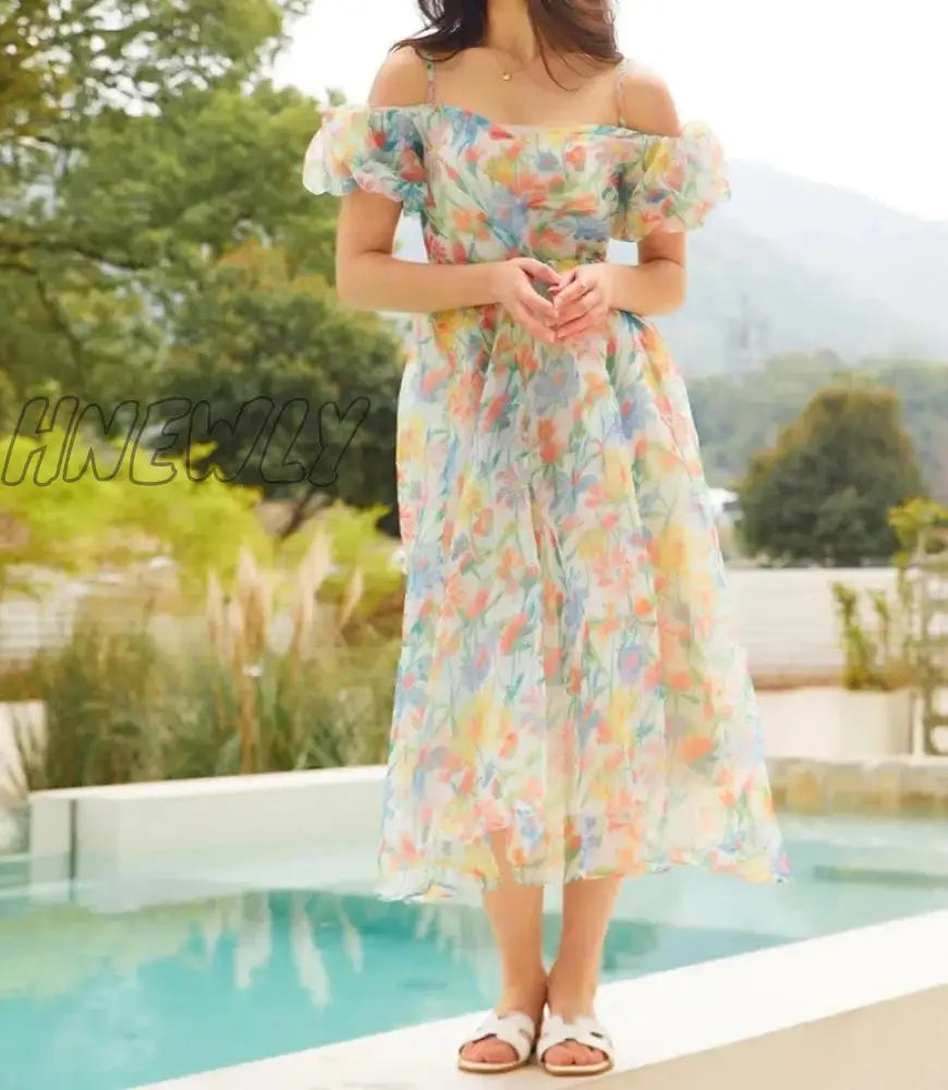 Hnewly Spring Floral Chiffon Beach Slip Dress Sexy Backless Women Long Dresses Bandage Elegant Boho