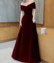 Hnewly Spring Long Luxury Elegant Wine Red Soft Velvet Evening Party Wedding Dresses For Women Off