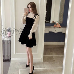 Hnewly Spring New Elegant Two Piece Dress For Women Winter Korean A-Line O-Neck Tops And Black
