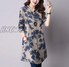 Hnewly Spring New Fashion Floral Print Cotton Linen Blouses Casual Long Sleeve Shirt Women Top With