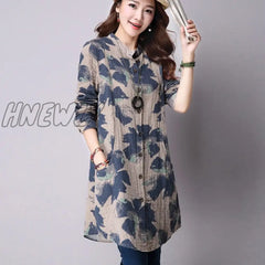 Hnewly Spring New Fashion Floral Print Cotton Linen Blouses Casual Long Sleeve Shirt Women Top With