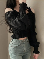 Hnewly Spring Off Shoulder Shirts For Women Temperament Square Collar Pleated Lantern Long Sleeve