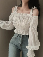 Hnewly Spring Off Shoulder Shirts For Women Temperament Square Collar Pleated Lantern Long Sleeve