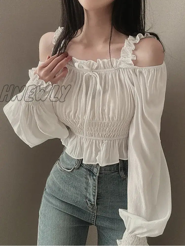 Hnewly Spring Off Shoulder Shirts For Women Temperament Square Collar Pleated Lantern Long Sleeve