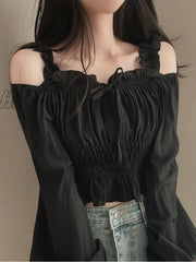 Hnewly Spring Off Shoulder Shirts For Women Temperament Square Collar Pleated Lantern Long Sleeve