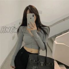 Hnewly Spring Sexy Low-Cut V-Neck Long-Sleeved Knitted Cardigan Women Short Thread T-Shirt Navel