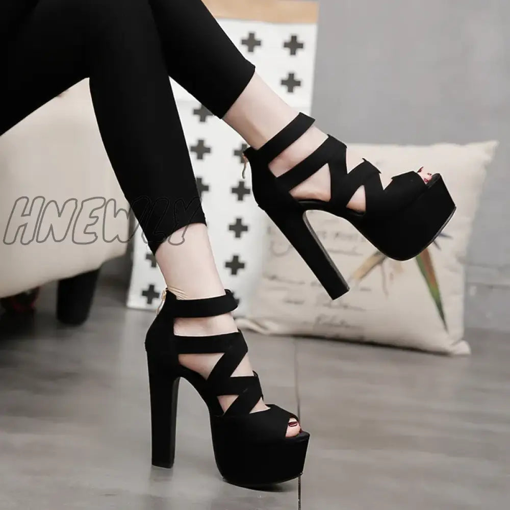 Hnewly Spring Summer 15Cm Fashion Thick With Sandals Fish Mouth Shoes High-Heeled Hollow Nightclub