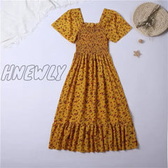 Hnewly Spring Summer Chiffon Dress Women Midi Dressesfemale Short Sleeve Elastic Waist Printed