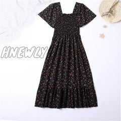 Hnewly Spring Summer Chiffon Dress Women Midi Dressesfemale Short Sleeve Elastic Waist Printed