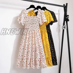 Hnewly Spring Summer Chiffon Dress Women Midi Dressesfemale Short Sleeve Elastic Waist Printed