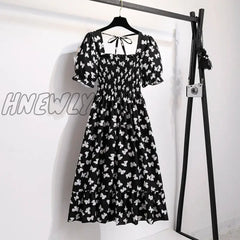 Hnewly Spring Summer Short Sleeve Casual Dresses Female Elastic Waist Pleated Backless Chiffon