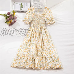 Hnewly Spring Summer Short Sleeve Chiffon Dresses Fashion Female Elastic Waist Pleated Casual Dress