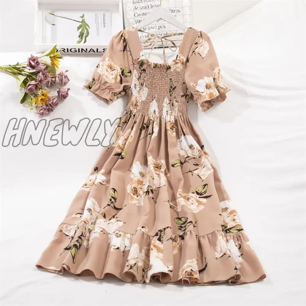 Hnewly Spring Summer Short Sleeve Chiffon Dresses Fashion Female Elastic Waist Pleated Casual Dress