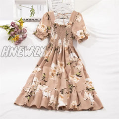 Hnewly Spring Summer Short Sleeve Chiffon Dresses Fashion Female Elastic Waist Pleated Casual Dress