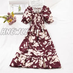 Hnewly Spring Summer Short Sleeve Chiffon Dresses Fashion Female Elastic Waist Pleated Casual Dress