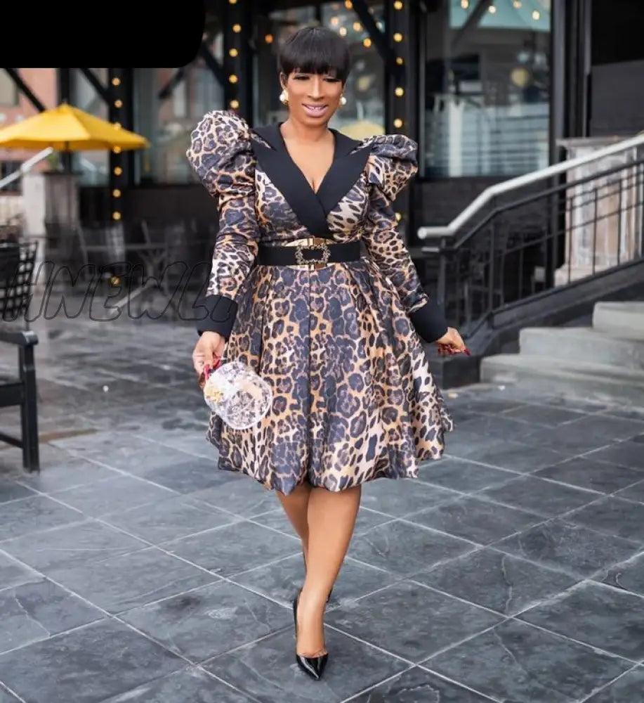 Hnewly Spring Summer V-Neck Sexy Dresses For Women African Dashiki Leopard Print Dress Tutu Long