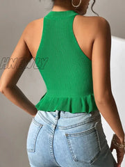 Hnewly Spring Summer Women Sleeveless Ruffle Hem Crop Knit Top Femme Coquette Casual Knitwear