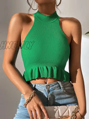 Hnewly Spring Summer Women Sleeveless Ruffle Hem Crop Knit Top Femme Coquette Casual Knitwear