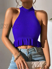 Hnewly Spring Summer Women Sleeveless Ruffle Hem Crop Knit Top Femme Coquette Casual Knitwear