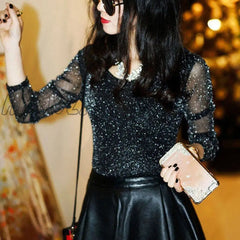 Hnewly Spring Summer Women’s Sexy See Through Mesh Long Sleeve Transparent Shining Elegant Shirt